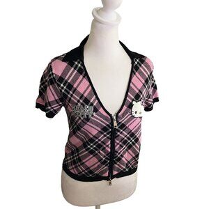 Hello Kitty & Friends Forever 21 Women's Pink & Black Plaid Zip-Up Cardigan Size